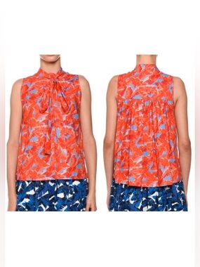 MSGM | Palm Print Tie Neck Sleeveless Blouse Size 12 Red Blue